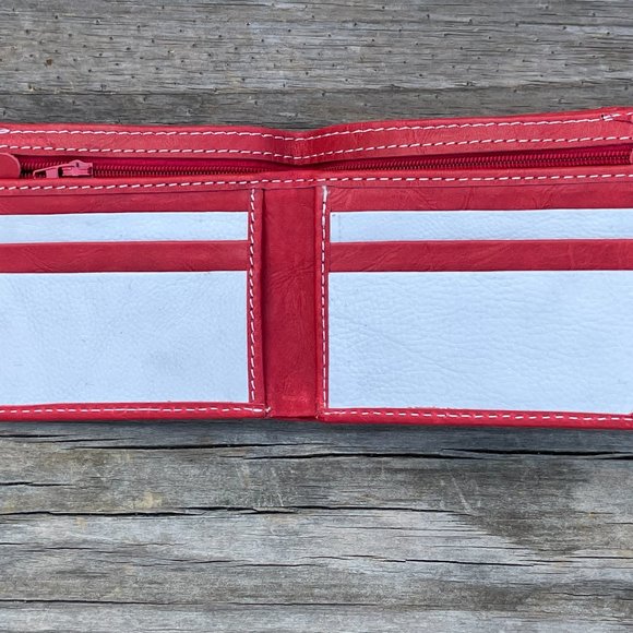 Genuine Leather Card Holder Handmade Wallet Men Bifold RedWhite Card Holder - Picture 4 of 14
